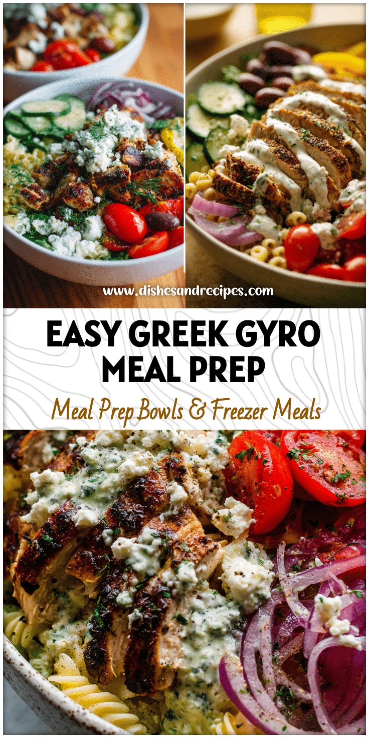 Colorful Greek Chicken Gyro Bowl with salad pasta, fresh veggies, and Mediterranean flavors for healthy meal prep.